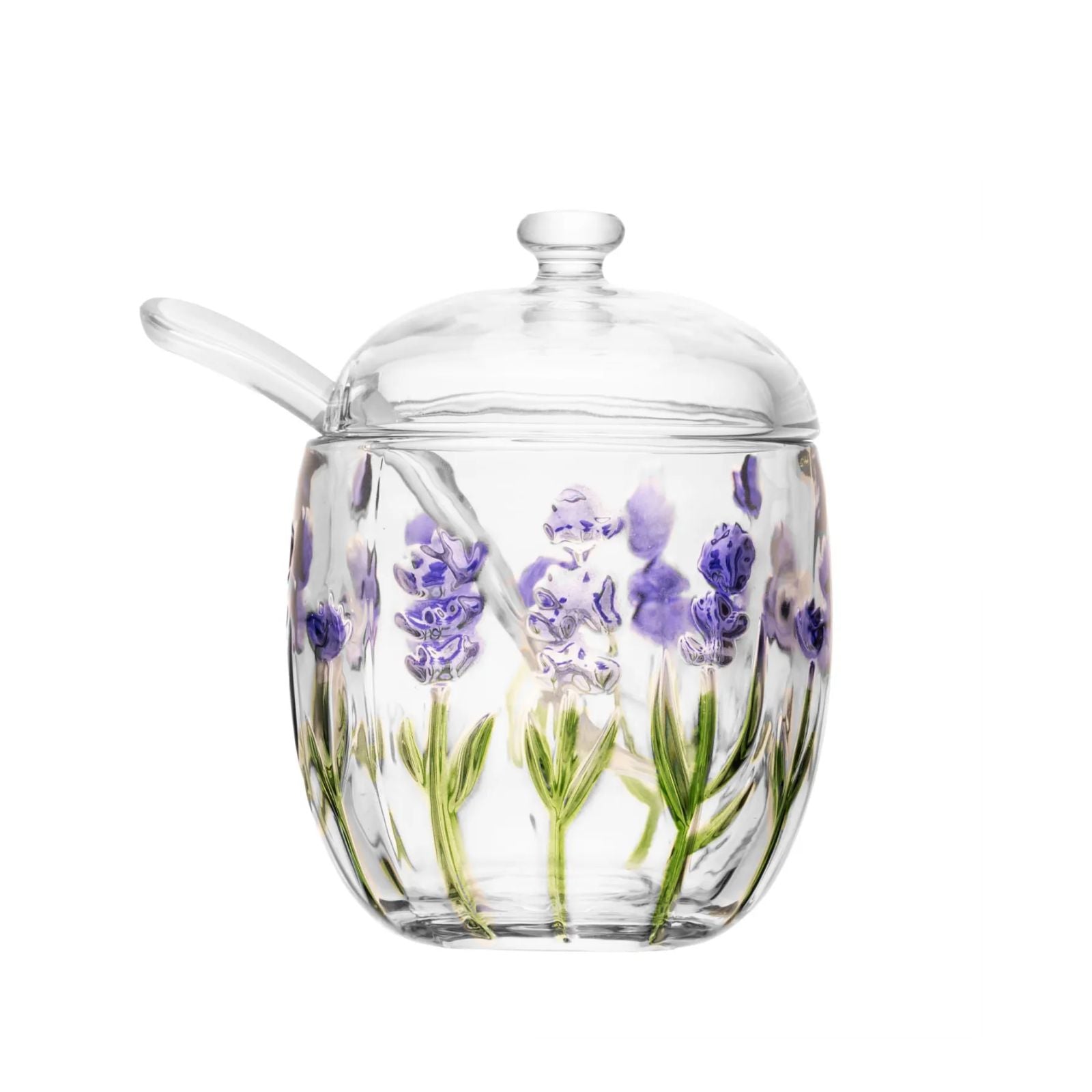 Açucareiro com Colher e Tampa com Relevo Lavanda 8,5cm x 11,3cm em Cristal